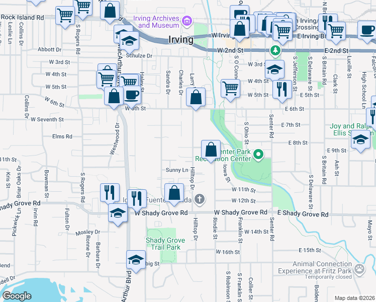 map of restaurants, bars, coffee shops, grocery stores, and more near 600 Hilltop Pointe in Irving