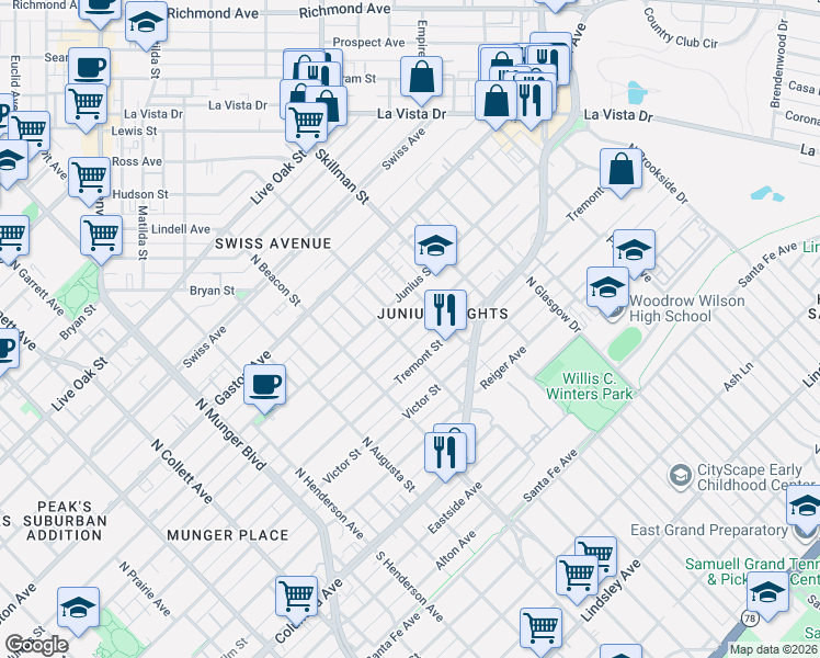 map of restaurants, bars, coffee shops, grocery stores, and more near 5707 Tremont Street in Dallas