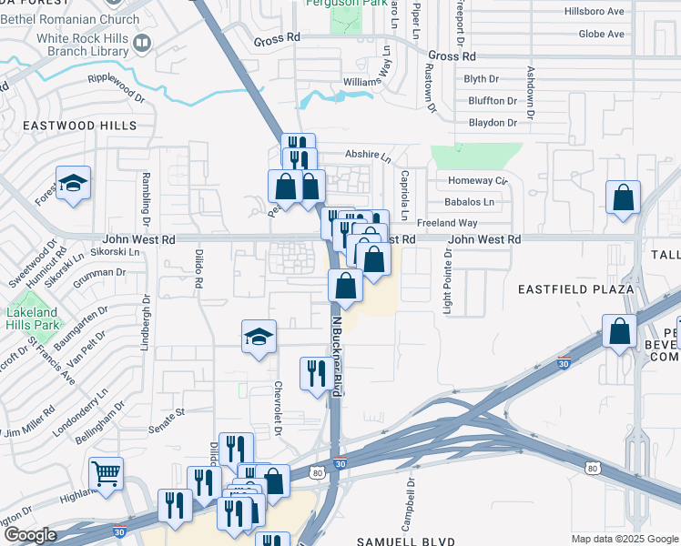 map of restaurants, bars, coffee shops, grocery stores, and more near 3357 North Buckner Boulevard in Dallas