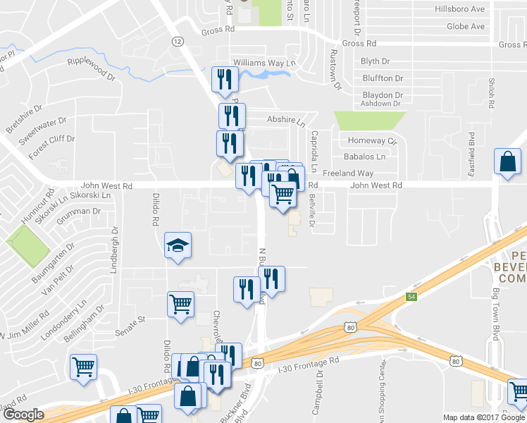 map of restaurants, bars, coffee shops, grocery stores, and more near 3302 North Buckner Boulevard in Dallas