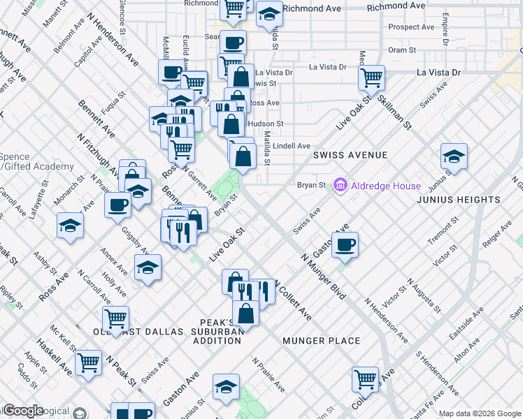 map of restaurants, bars, coffee shops, grocery stores, and more near Live Oak St & N Munger Blvd in Dallas