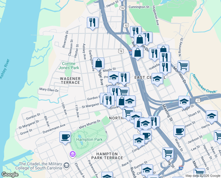 map of restaurants, bars, coffee shops, grocery stores, and more near 6 Paige Court in Charleston