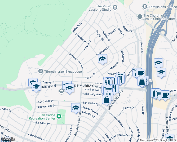 map of restaurants, bars, coffee shops, grocery stores, and more near 8368 Whelan Drive in San Diego