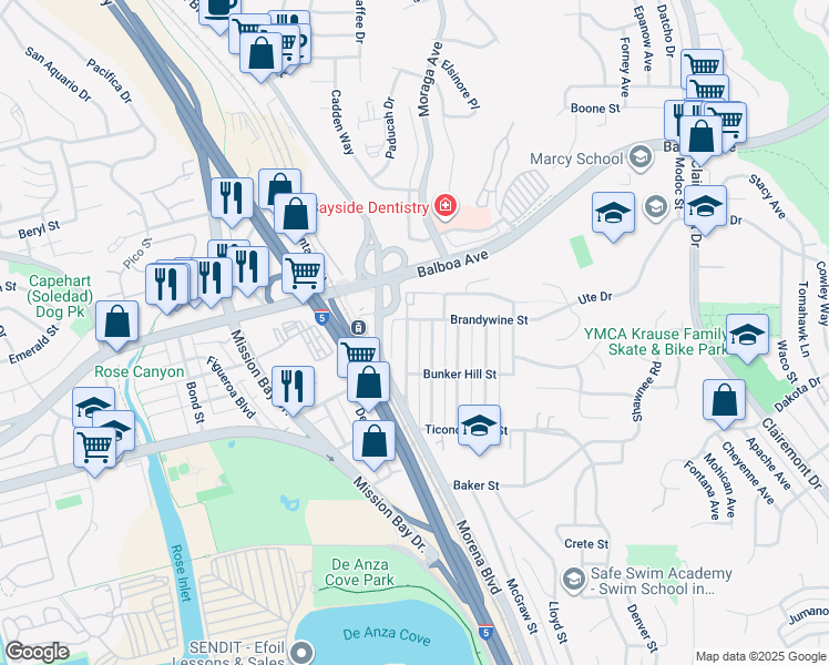 map of restaurants, bars, coffee shops, grocery stores, and more near 3675 Paul Jones Avenue in San Diego