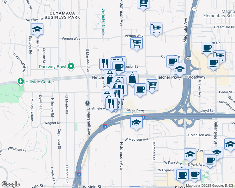 map of restaurants, bars, coffee shops, grocery stores, and more near 760 North Johnson Avenue in El Cajon