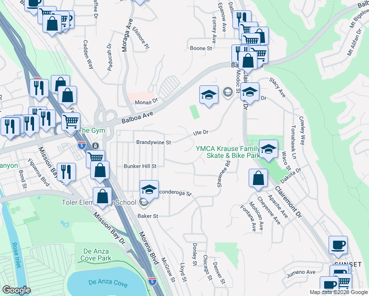 map of restaurants, bars, coffee shops, grocery stores, and more near 3624 Vista De La Bahia in San Diego