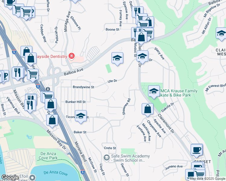 map of restaurants, bars, coffee shops, grocery stores, and more near 4044 Via Del Conquistador in San Diego