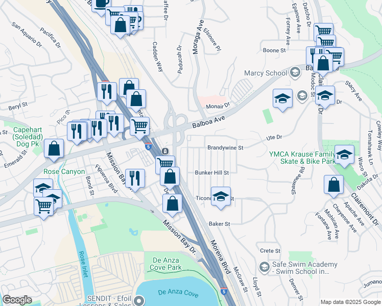 map of restaurants, bars, coffee shops, grocery stores, and more near 3675 Paul Jones Avenue in San Diego