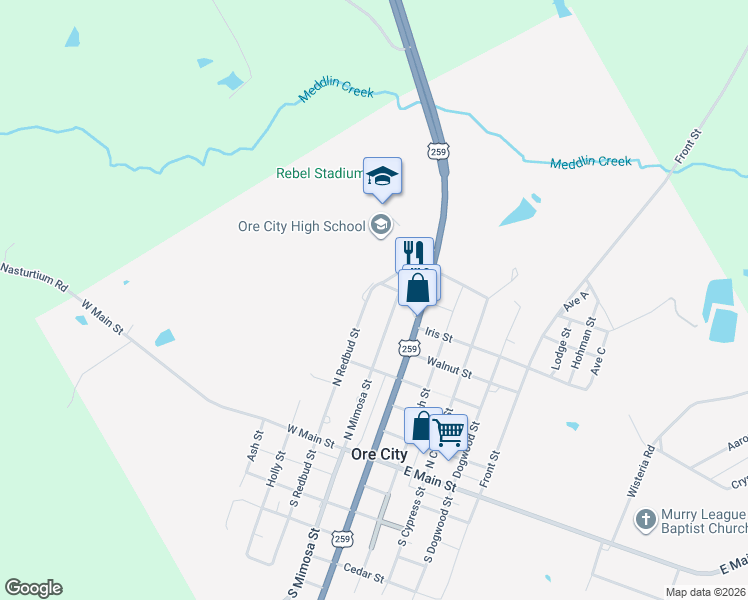 map of restaurants, bars, coffee shops, grocery stores, and more near 209 North Mimosa Street in Ore City