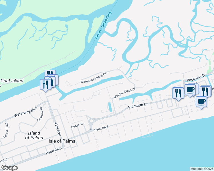 map of restaurants, bars, coffee shops, grocery stores, and more near 64 Morgan Place Drive in Isle of Palms