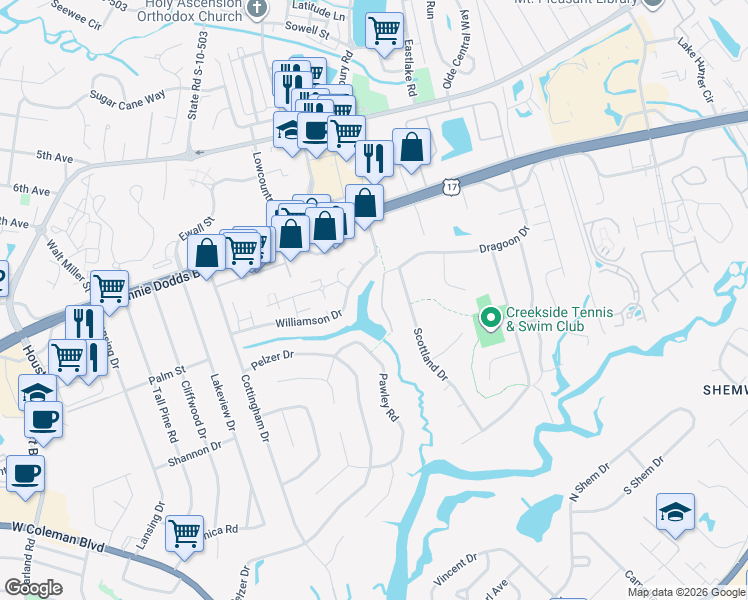 map of restaurants, bars, coffee shops, grocery stores, and more near 1039 Wharf Indigo Place in Mount Pleasant