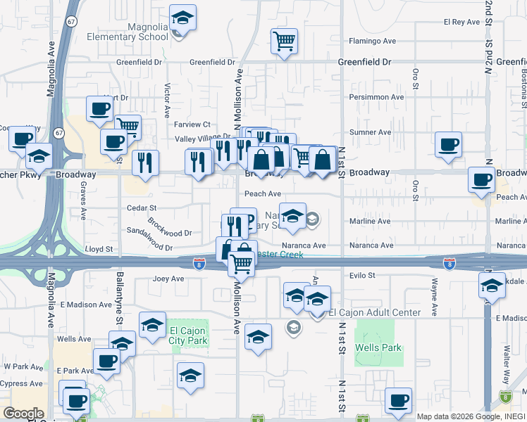 map of restaurants, bars, coffee shops, grocery stores, and more near 766 Conn Place in El Cajon
