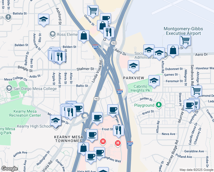 map of restaurants, bars, coffee shops, grocery stores, and more near 8022 Donzee Street in San Diego