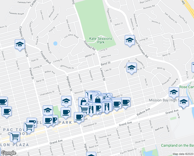 map of restaurants, bars, coffee shops, grocery stores, and more near 1791 Chalcedony Street in San Diego