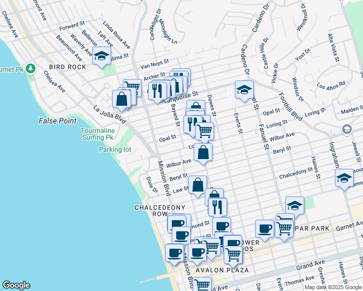 map of restaurants, bars, coffee shops, grocery stores, and more near in San Diego