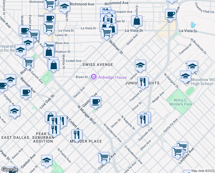 map of restaurants, bars, coffee shops, grocery stores, and more near 722 Parkmont Street in Dallas