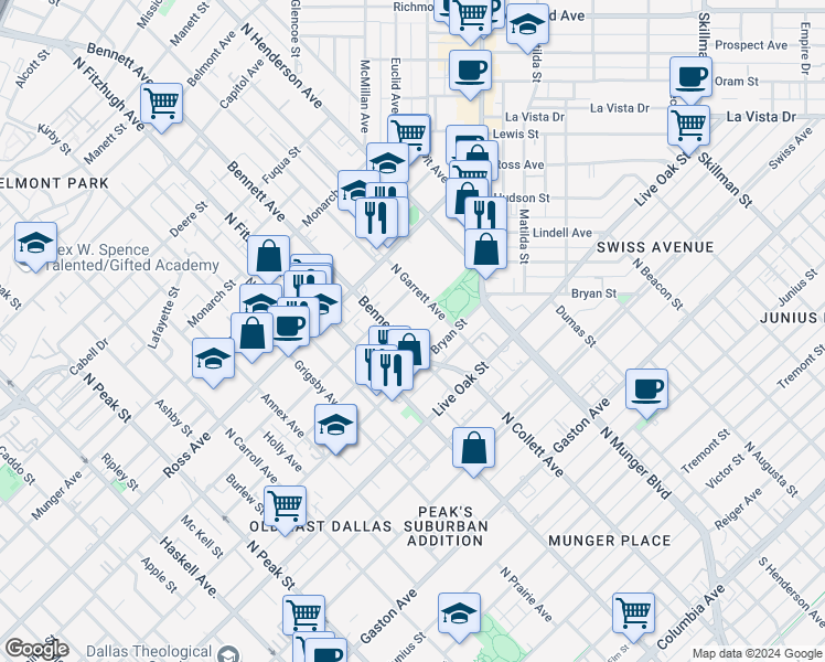 map of restaurants, bars, coffee shops, grocery stores, and more near 1400 Bennett Avenue in Dallas