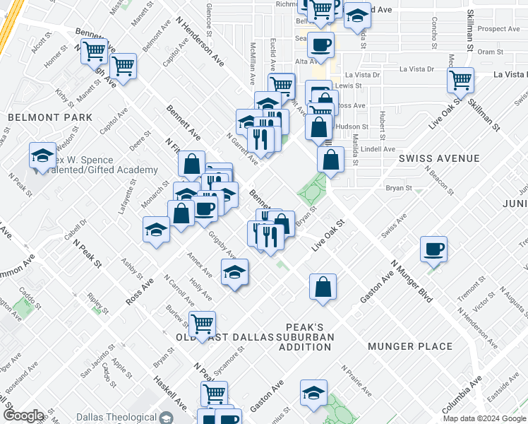 map of restaurants, bars, coffee shops, grocery stores, and more near 1428 North Fitzhugh Avenue in Dallas