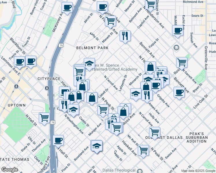 map of restaurants, bars, coffee shops, grocery stores, and more near 4402 Cabell Drive in Dallas