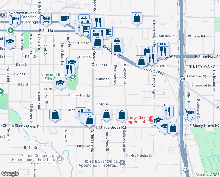 map of restaurants, bars, coffee shops, grocery stores, and more near 833 Balleywood Road in Irving