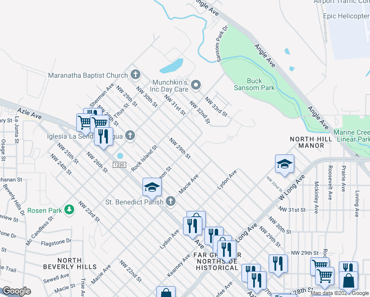 map of restaurants, bars, coffee shops, grocery stores, and more near 3018 Northwest 29th Street in Fort Worth