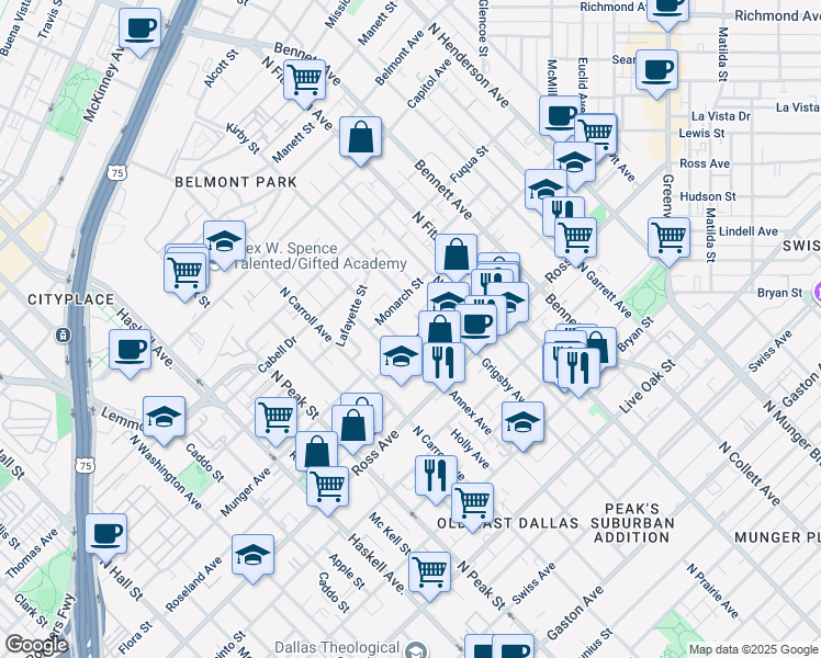 map of restaurants, bars, coffee shops, grocery stores, and more near 4604 Munger Avenue in Dallas