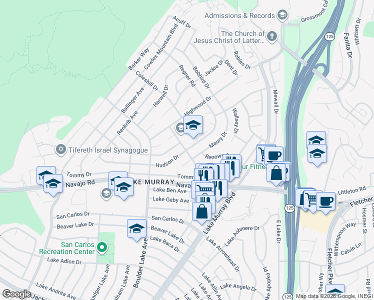 map of restaurants, bars, coffee shops, grocery stores, and more near 8502 Hudson Drive in San Diego