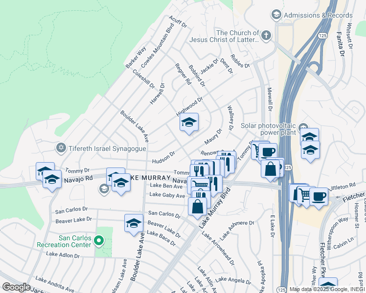 map of restaurants, bars, coffee shops, grocery stores, and more near 8502 Hudson Drive in San Diego