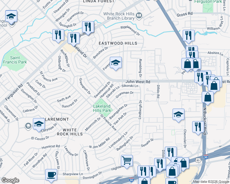 map of restaurants, bars, coffee shops, grocery stores, and more near 8512 Grumman Drive in Dallas