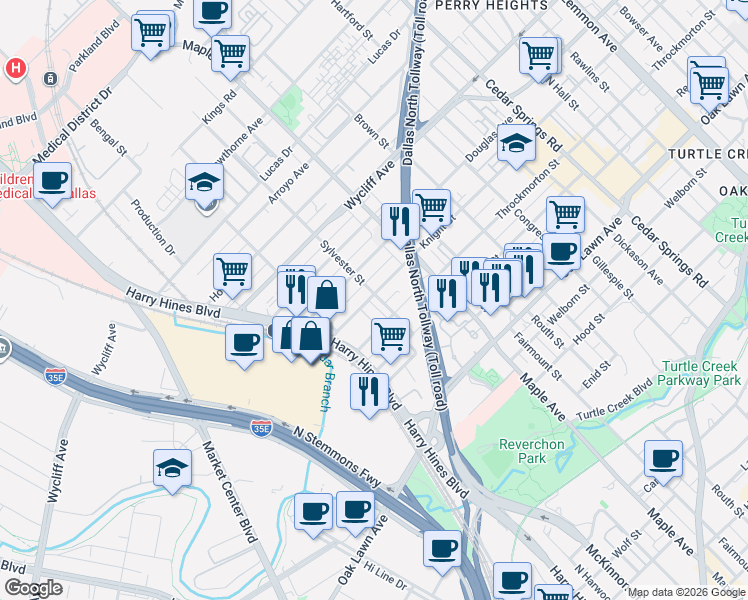 map of restaurants, bars, coffee shops, grocery stores, and more near 4107 Entrada Way in Dallas