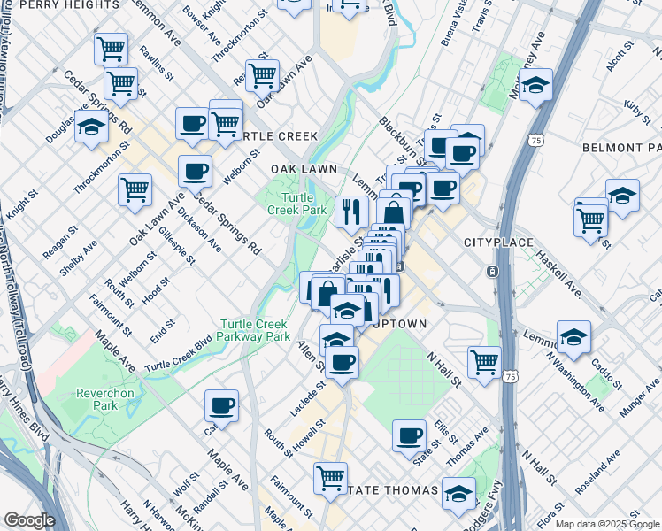 map of restaurants, bars, coffee shops, grocery stores, and more near 3269 Carlisle Street in Dallas