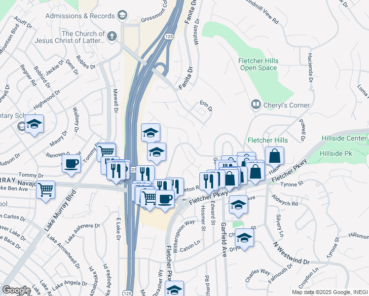 map of restaurants, bars, coffee shops, grocery stores, and more near 2698 Carlow Street in El Cajon