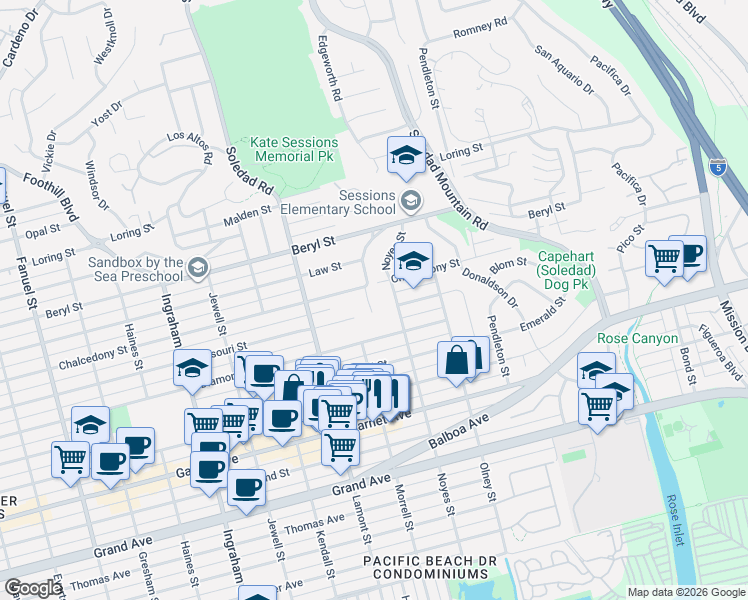 map of restaurants, bars, coffee shops, grocery stores, and more near 4781 Academy Place in San Diego