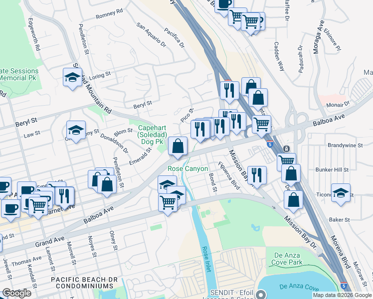 map of restaurants, bars, coffee shops, grocery stores, and more near 4615 Pico Street in San Diego