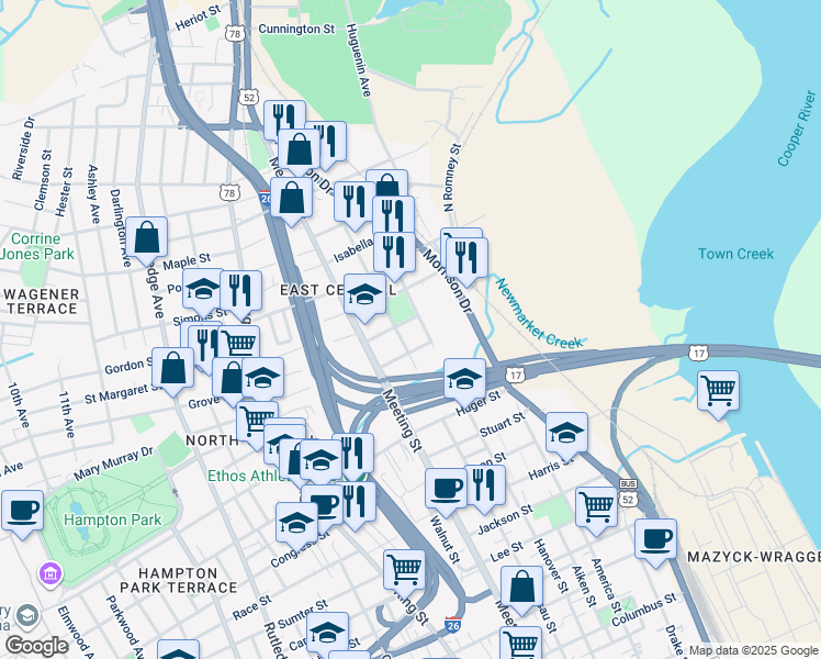 map of restaurants, bars, coffee shops, grocery stores, and more near 11 Cedar Street in Charleston