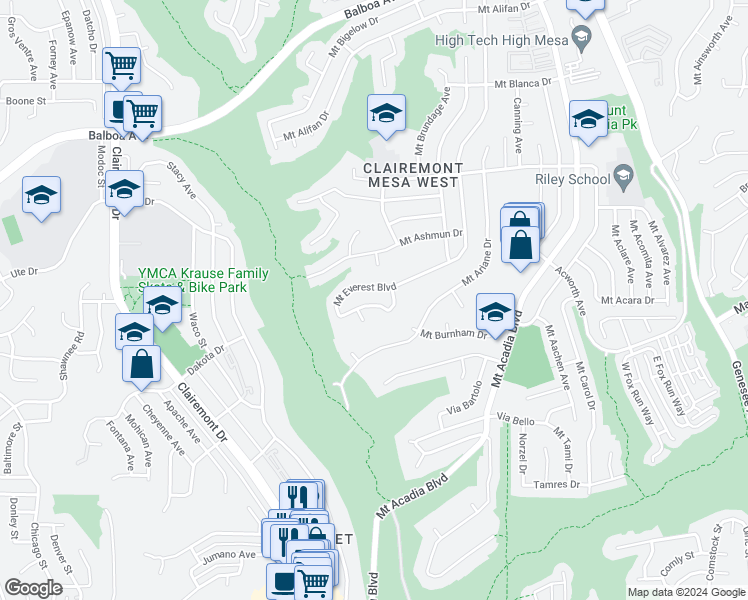 map of restaurants, bars, coffee shops, grocery stores, and more near 4870 Mount Armour Drive in San Diego