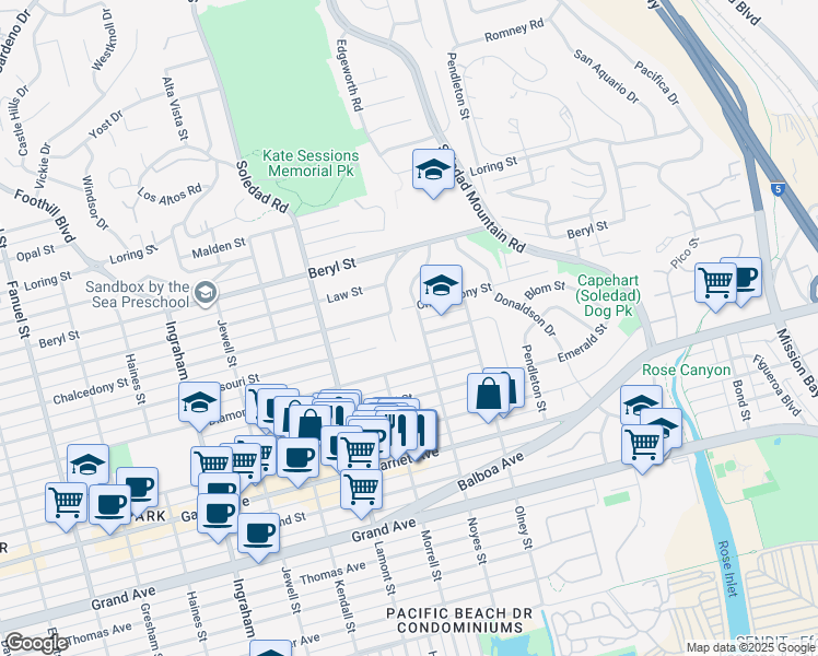 map of restaurants, bars, coffee shops, grocery stores, and more near 4750 Noyes Street in San Diego