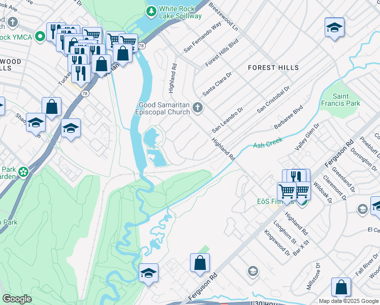 map of restaurants, bars, coffee shops, grocery stores, and more near 7938 Glade Creek Court in Dallas