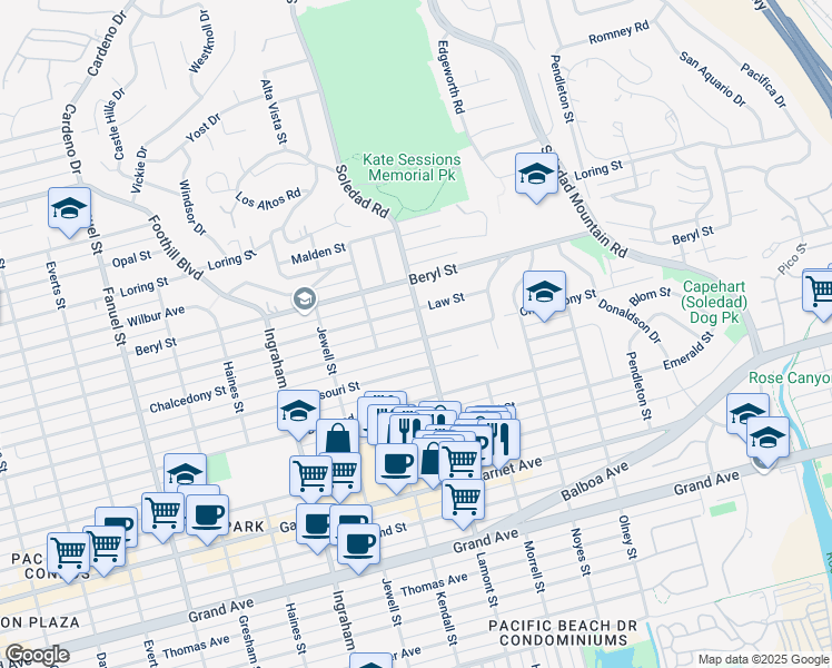 map of restaurants, bars, coffee shops, grocery stores, and more near 4804 Lamont Street in San Diego