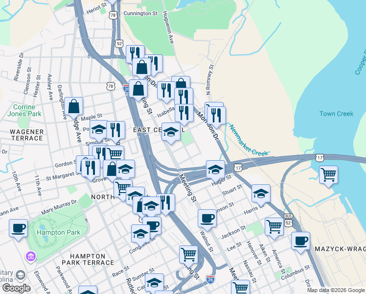 map of restaurants, bars, coffee shops, grocery stores, and more near Cool Blow Street in Charleston