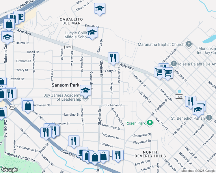 map of restaurants, bars, coffee shops, grocery stores, and more near 3205 Osage Street in Fort Worth