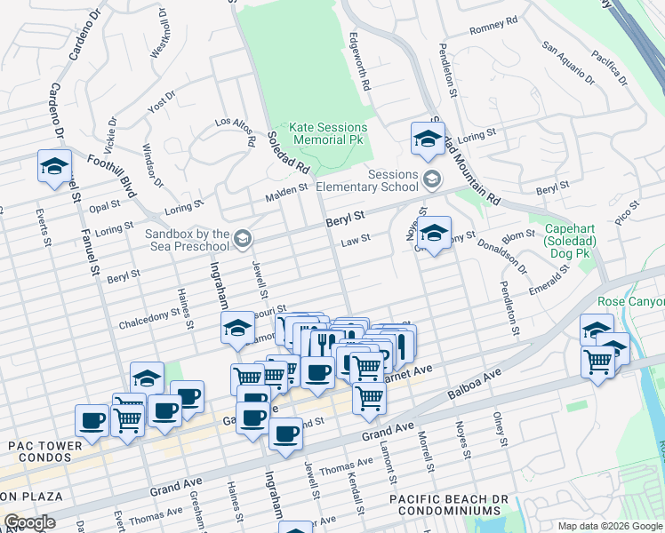 map of restaurants, bars, coffee shops, grocery stores, and more near 4804 Lamont Street in San Diego