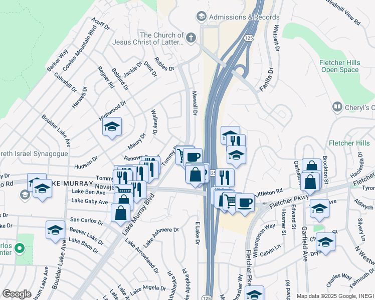 map of restaurants, bars, coffee shops, grocery stores, and more near 6814 Mewall Drive in San Diego