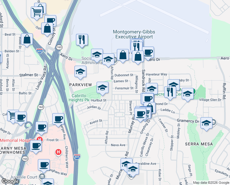 map of restaurants, bars, coffee shops, grocery stores, and more near 8512 Fensmuir Street in San Diego