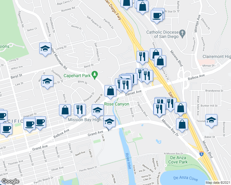 map of restaurants, bars, coffee shops, grocery stores, and more near 114 Pico Place in San Diego