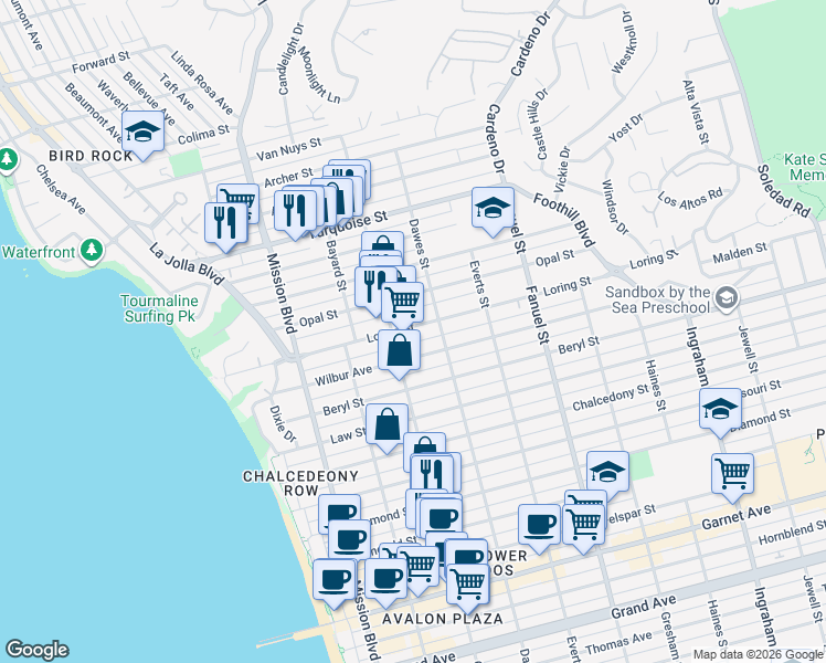 map of restaurants, bars, coffee shops, grocery stores, and more near 1052 Loring Street in San Diego