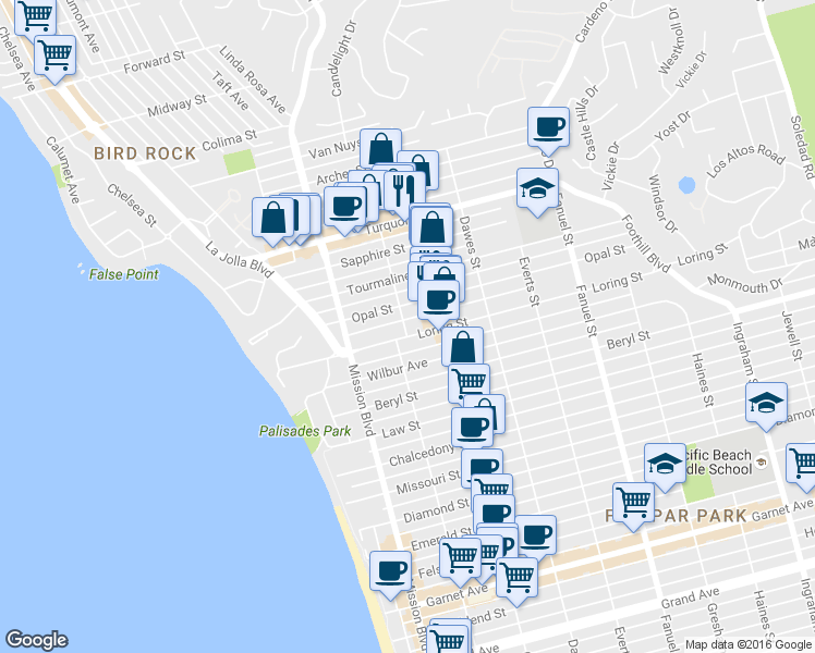 map of restaurants, bars, coffee shops, grocery stores, and more near 906 Opal Street in San Diego