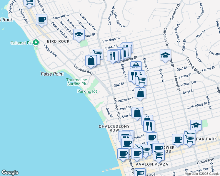 map of restaurants, bars, coffee shops, grocery stores, and more near 5061 Mission Boulevard in San Diego