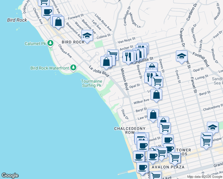 map of restaurants, bars, coffee shops, grocery stores, and more near 5130 La Jolla Boulevard in San Diego