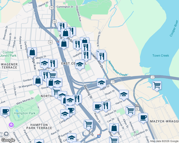 map of restaurants, bars, coffee shops, grocery stores, and more near 400 North Hanover Street in Charleston